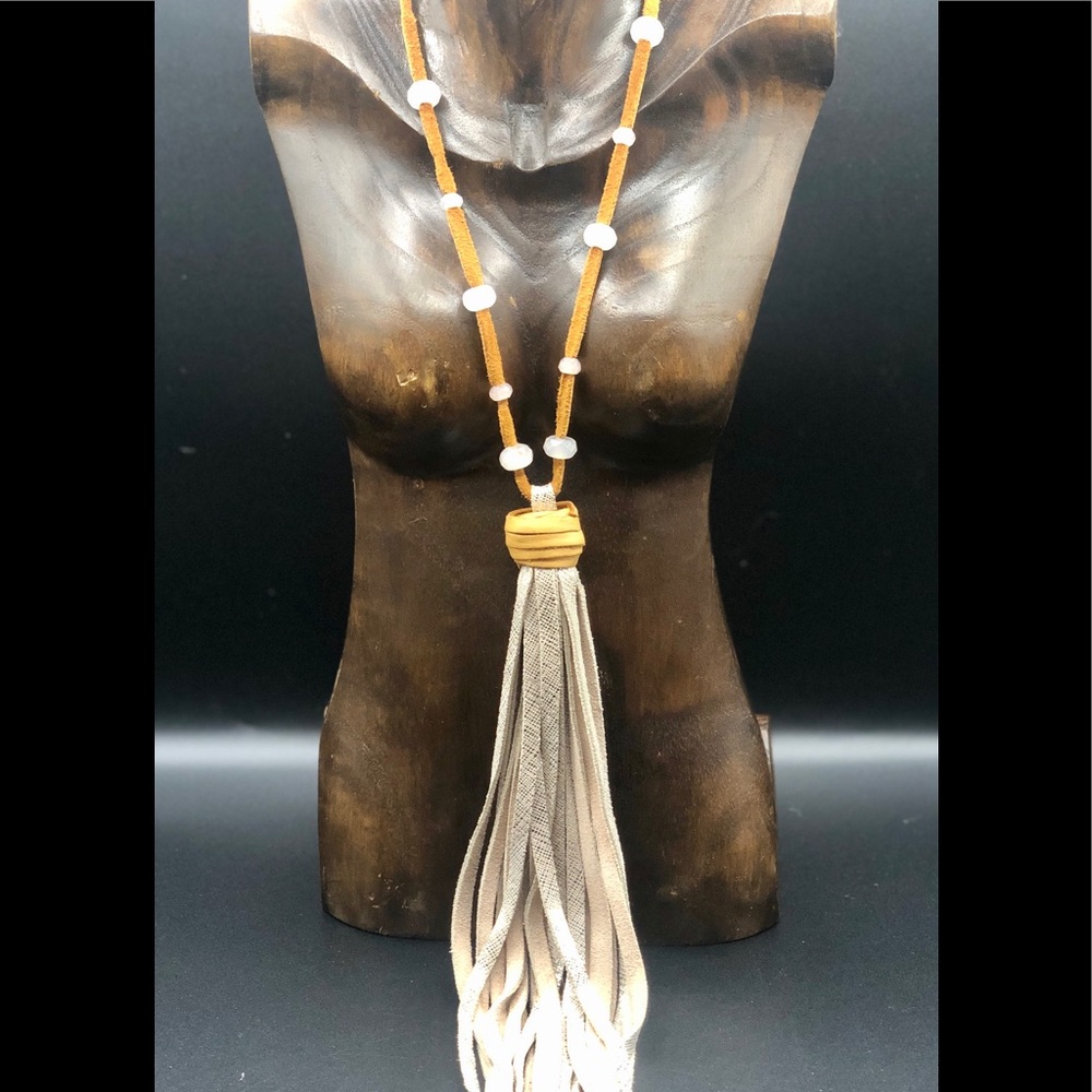Handmade large leather tassel and quartz necklace